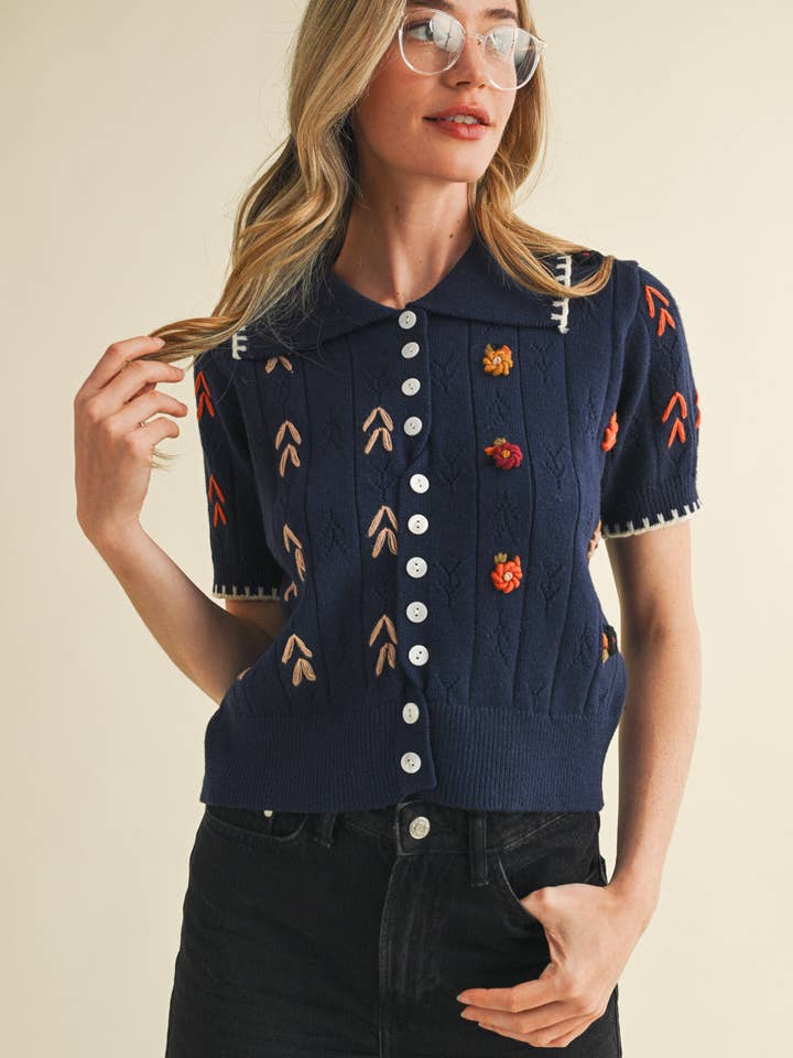 &MERCI - Wholesale Knit Sweater - Women's - HAND EMBROIDERED SHORT SLV BUTTON DOWN SWEATER MSW1095323