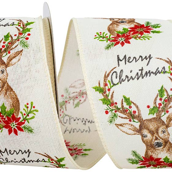 RELIANT RIBBON - Wholesale Ribbon - Gift Wrapping - Deer Sincere Merry Christmas Linen Wired Edge, Ivory
