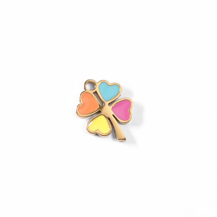 WJW – wholesale Individual charm/pendant – 18K Gold PVD Stainless Steel Epoxy Multi-Colored 4 Leaf Clover Charm