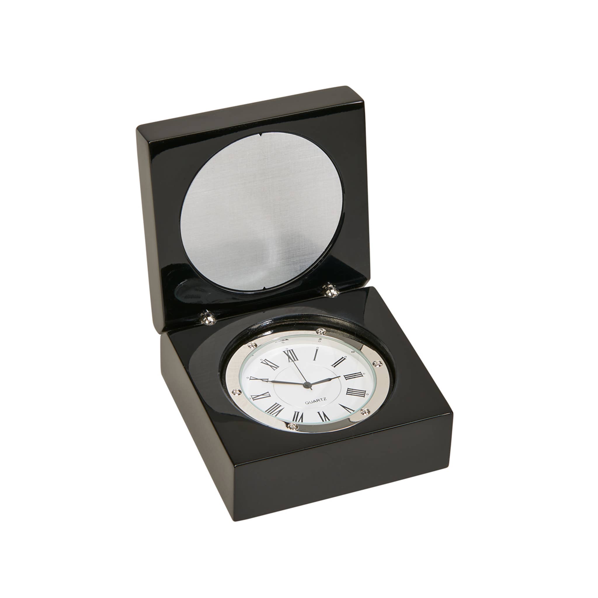 Creative Gifts International Inc. - Venta al por mayor Relojes de escritorio - Caja Blk Sq Wd con reloj y placa inglesa0