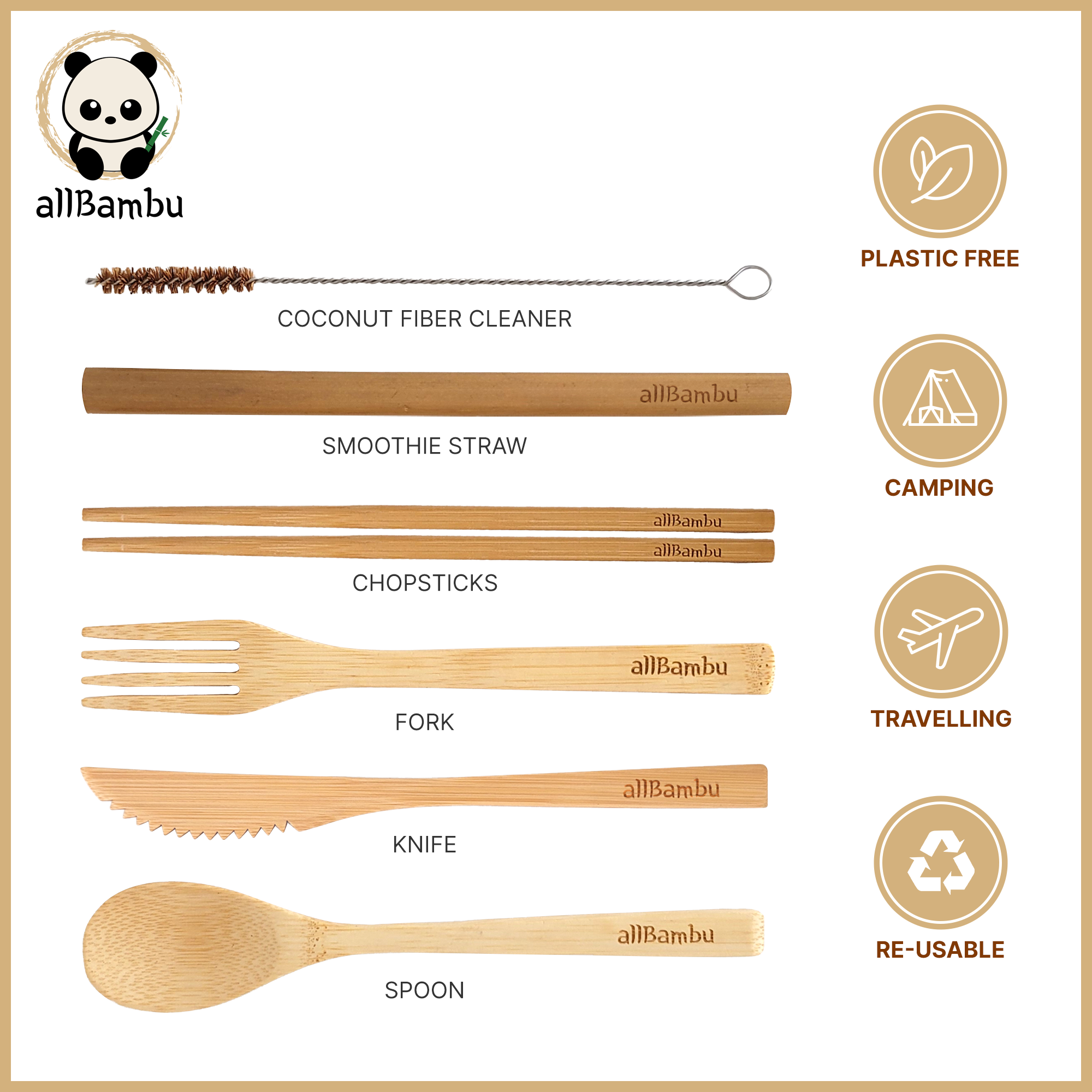 allBambu Inc - Wholesale Travel Utensil Set - Bamboo Reusable Travel Cutlery Set with Handy Carabiner 7pcs3