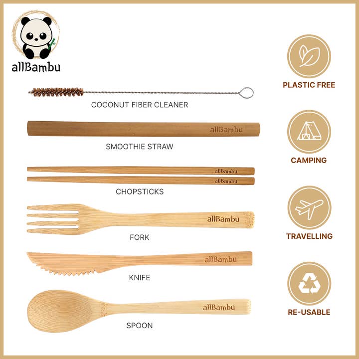 allBambu Inc - Wholesale Travel utensil set - Bamboo Reusable Travel Cutlery Set with Handy Carabiner 7pcs3