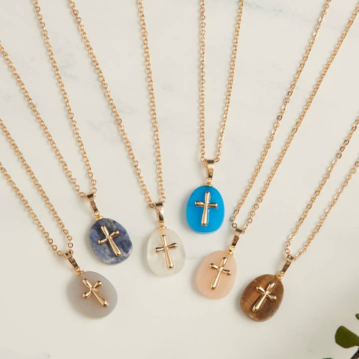12 Pc Eleni Genuine Stone Cross Pendant Necklace Assortment for wholesale by Howard's