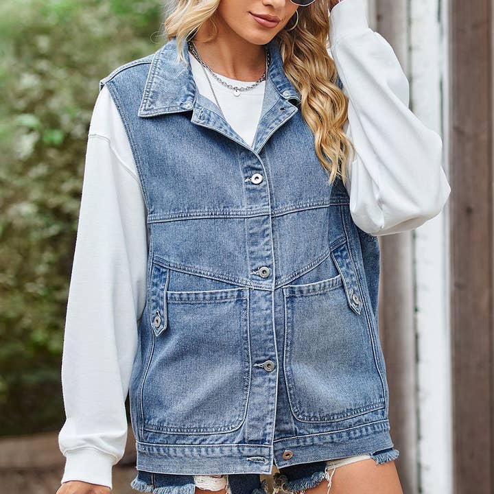 Lily Clothing - Wholesale Outerwear Vest - Women's - CWJV0008_VINTAGE BUCKELE POCKET COLLAR DENIM VEST0