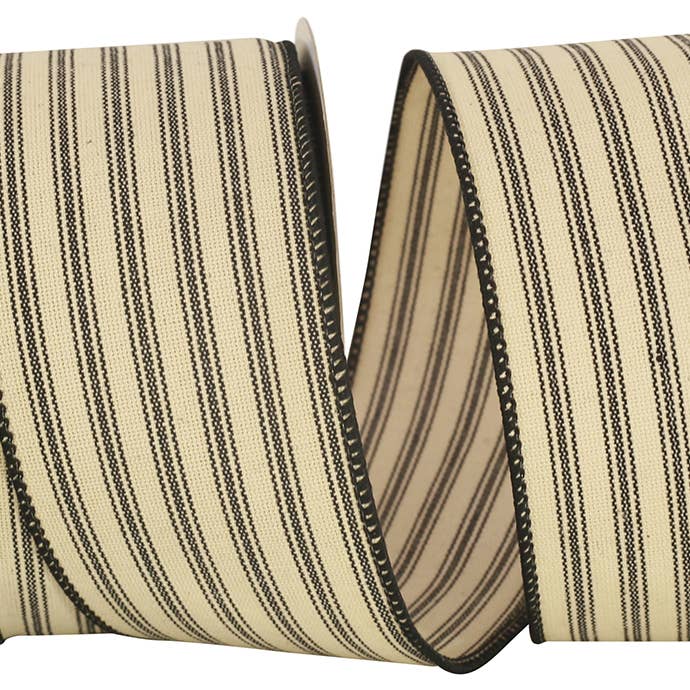Ticking Linen Stripe Wired Edge, Black, 2-1/2 In, 10 Yards for wholesale by RELIANT RIBBON