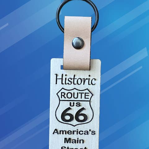 Lasergeschnittener und gravierter Schlüsselanhänger Route 66 aus Holz und Leder für den Großhandel von DK LaserWorx