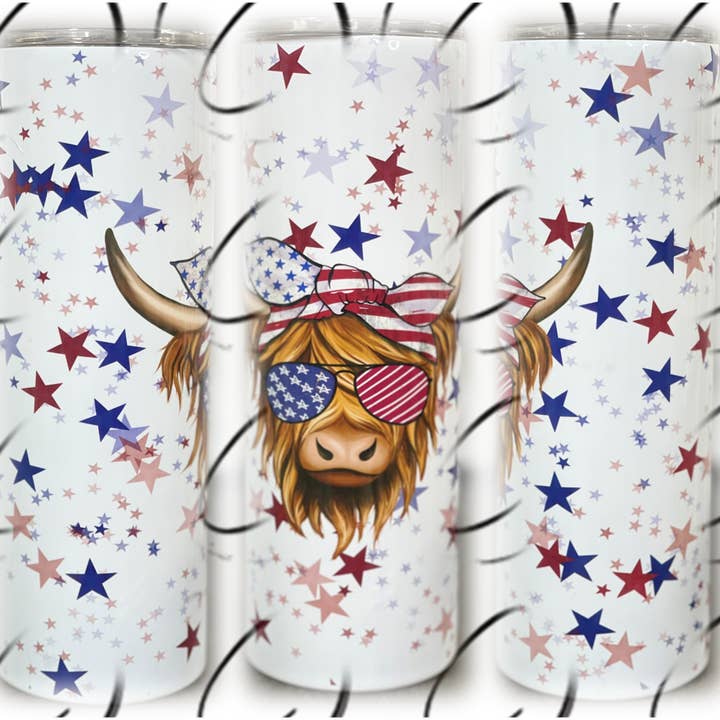 CMD Wholesale - Wholesale Insulated Mug/Tumbler - Stars & Stripes Highland Cow 20oz Skinny Tumbler