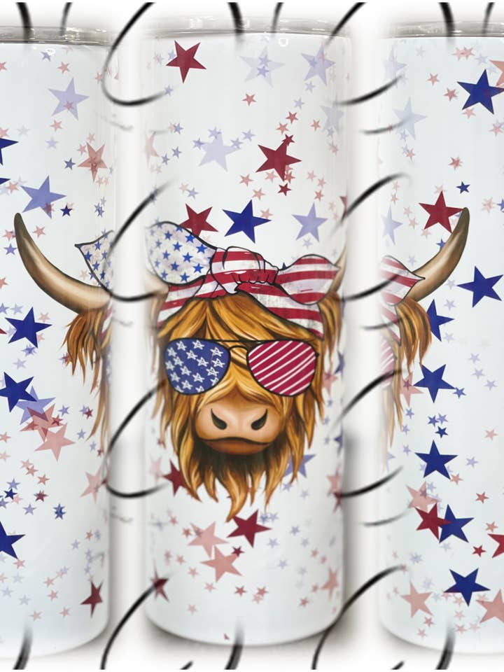 Stars & Stripes Highland Cow 20oz Skinny Tumbler for wholesale by CMD Wholesale