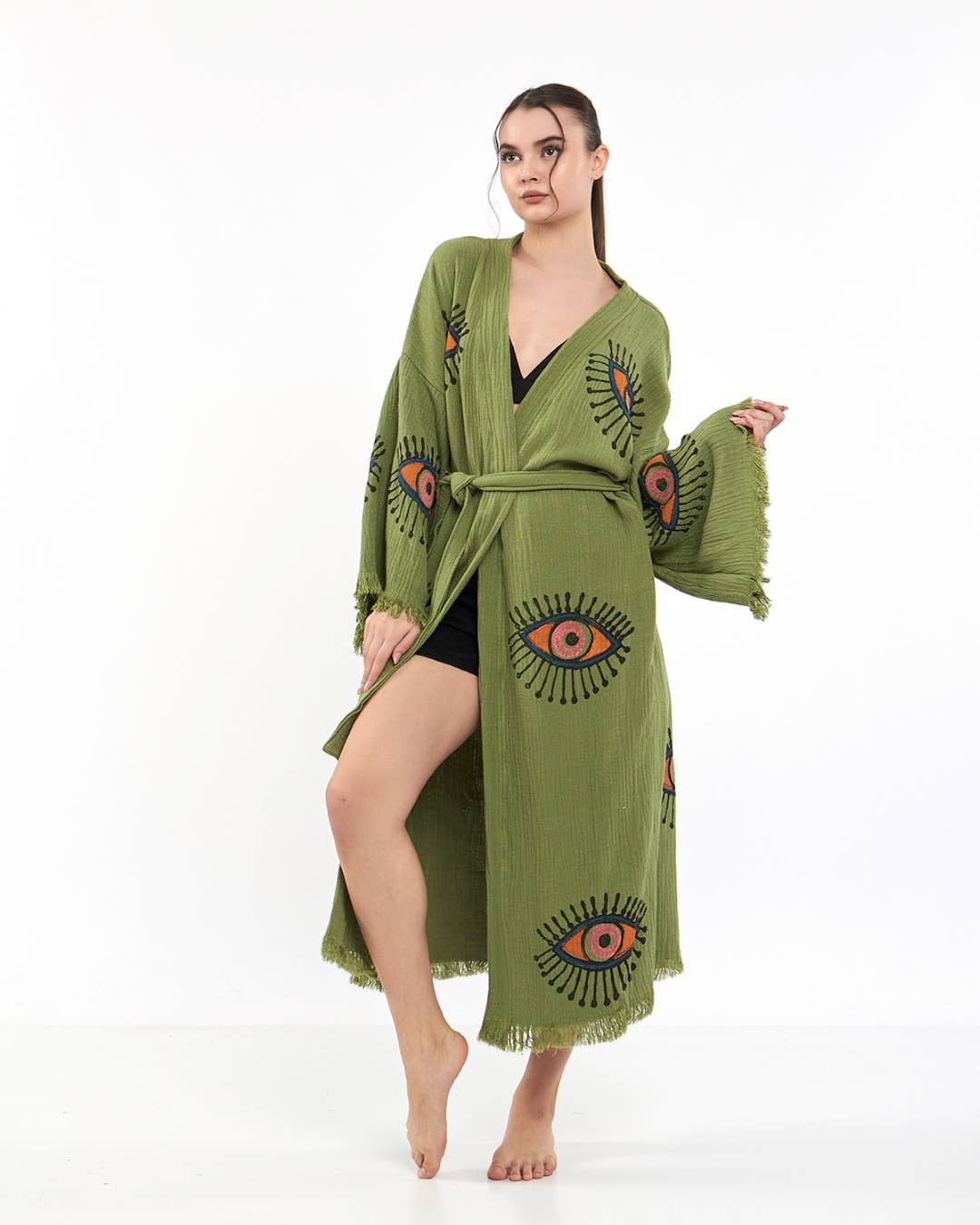 Yaz Concepts - Wholesale Kimono - Women's - Turkish Evil Eye Print Olive Green Robe Festival Kimono Gown11