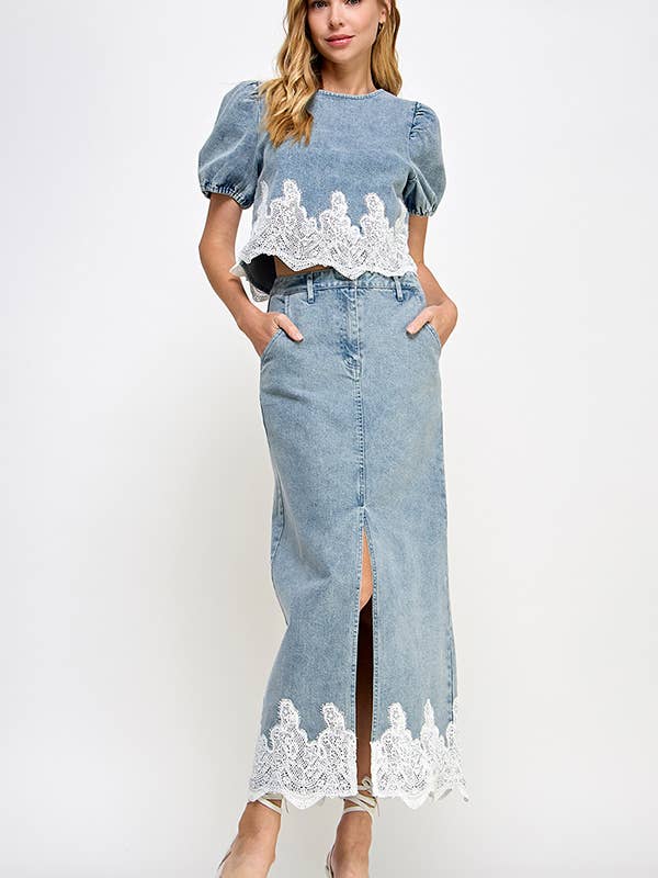 Lace Trim Denim Long Skirt for wholesale by Strut & Bolt
