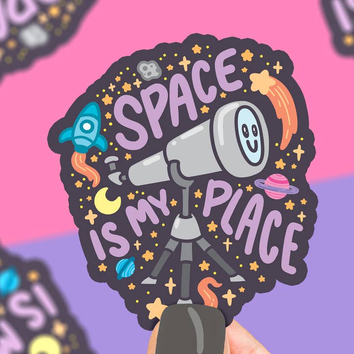 Vinylaufkleber „Space is My Place“ mit Teleskop-Trinkflasche für den Großhandel von Turtle's Soup