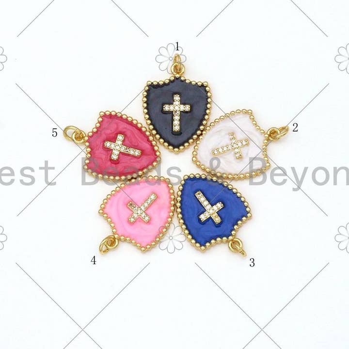 Micro Pave CZ Cross On Colorful Enamel Shield Shape Pendant,18K Gold Filled Enamel CZ Cross Charm,Enamel Jewelry, 24x18mm,Sku#L592 for wholesale by BestBeads&Beyond