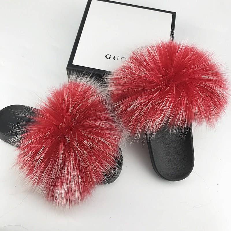 FurDecoration - Wholesale Slippers - Women's - Women Long Raccoon Fur Slides With Color Hair Tip Real Fur8