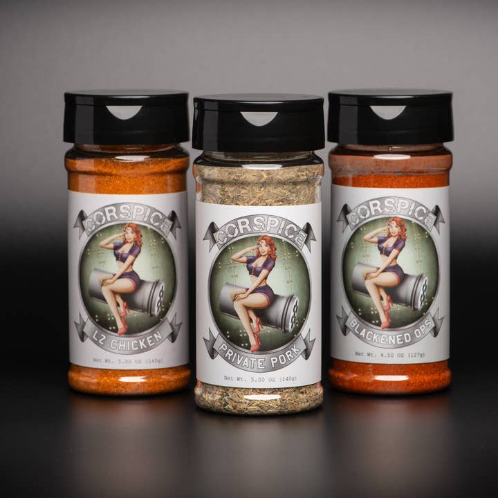 3-pack kyckling, fläsk och svärtande kryddor The Tasty Trifecta för wholesale av Corspice