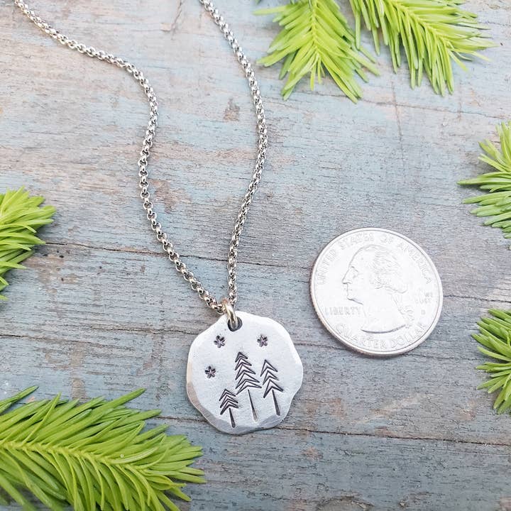 Kathryn's Collection - Wholesale Pendant/Charm Necklace - Pine Tree Necklace, Hand-Stamped