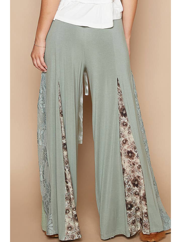 Pol Clothing - Wholesale Pants - Women's - Lace printed fabric contrast adjustable strap wide pants