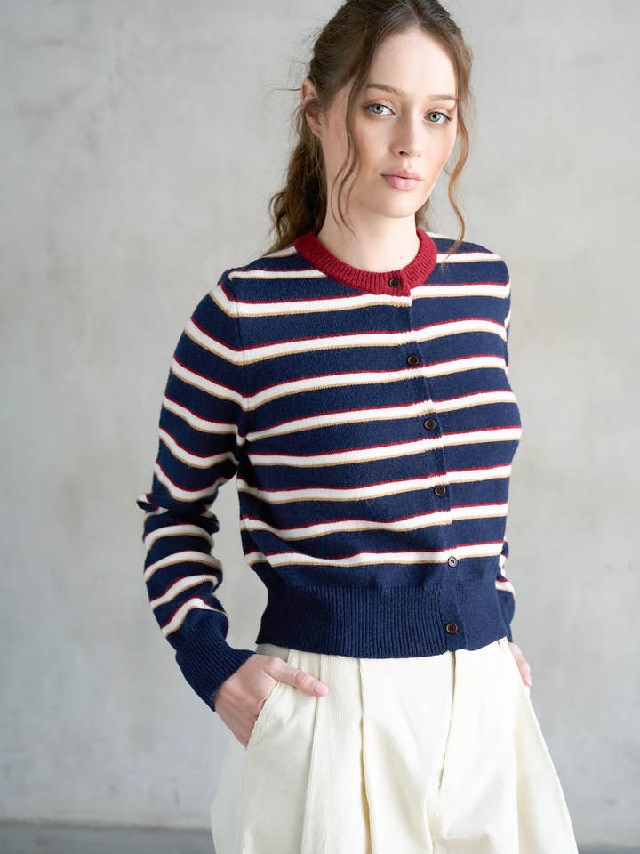STRIPED CREW NECK CONTRAST CARDIGAN for wholesale by ELLE GREY