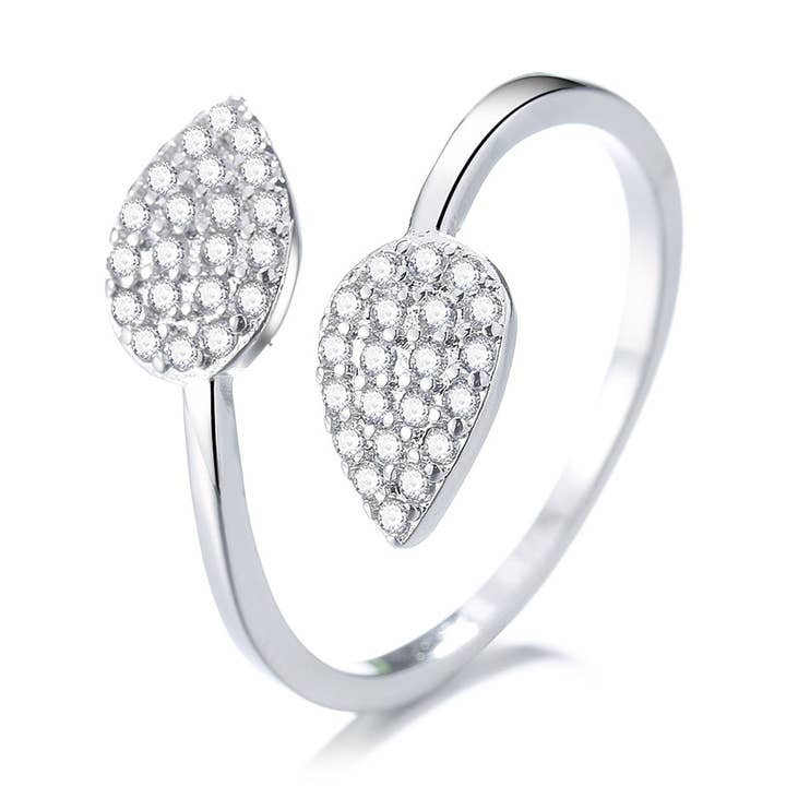 Sterling Silver Bypass Double Leaf Ring With Swarovski Crystals for wholesale by Amy and Annette