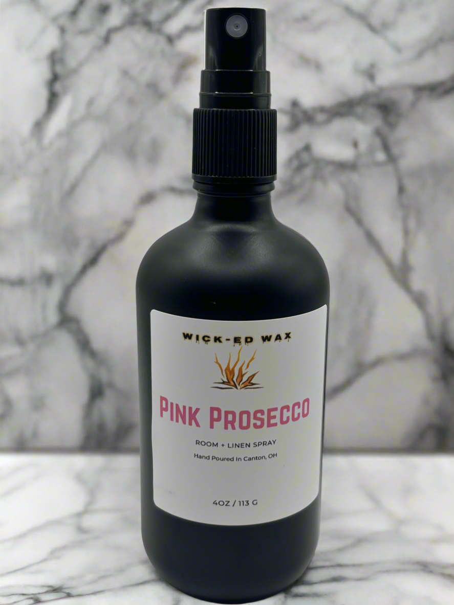 Wick-ed Wax Candles – wholesale Air freshener – Pink Prosecco 4 oz  Room + Linen Spray - Champagne Toast1
