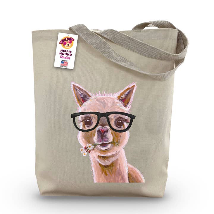 Gusseted Tote Bag, Alpaca Glasses Tote Bag, Animal Tote for wholesale by Hippie Hound Studios