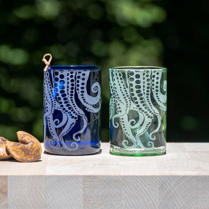 Rolf Glass - Wholesale Drinking Glass/Cup - Upcycled Oscar Octopus 12oz Blue Repurposed Tumbler3