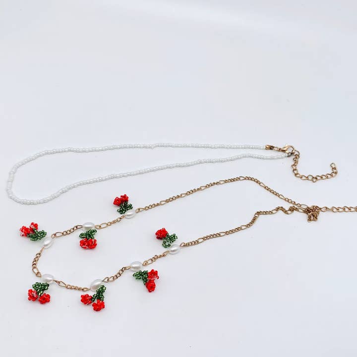 Pearl Cherry Hand-woven Cherry-shaped Double-layer Choker Necklace for wholesale on Faire