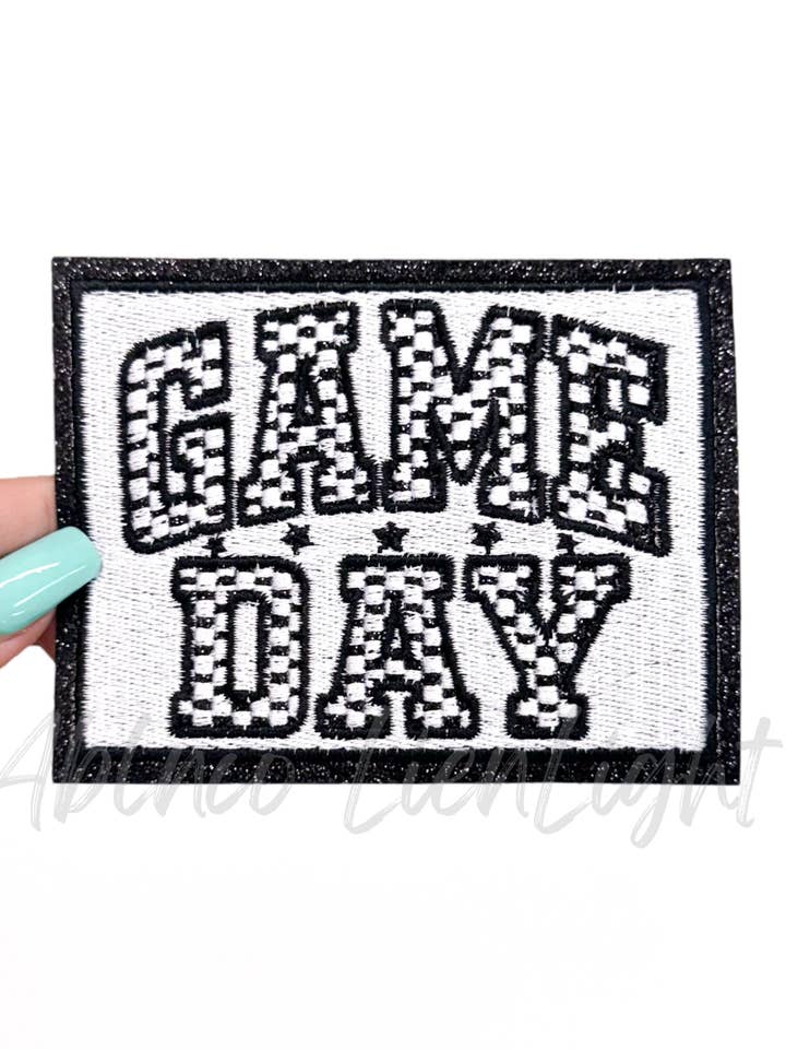 Black Checkered Game Day Glitter Embroidery Patch for wholesale by ABLNco