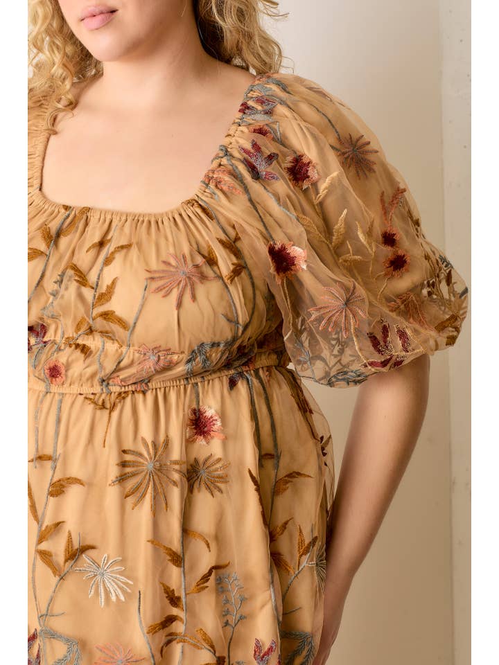 CAMEL EMBROIDERED MESH BUBBLE SLEEVE DRESS for wholesale on Faire1