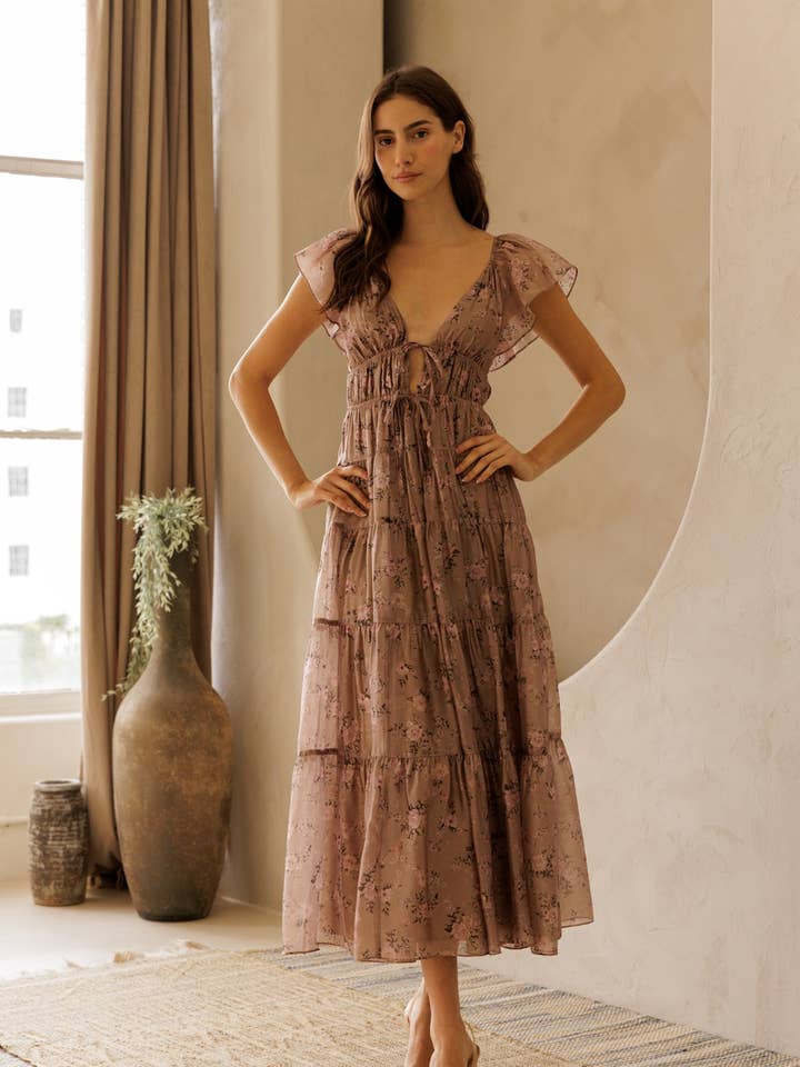 JD4770-8 - FLORAL TIE FRONT TIERED MIDI DRESS for wholesale by STORIA