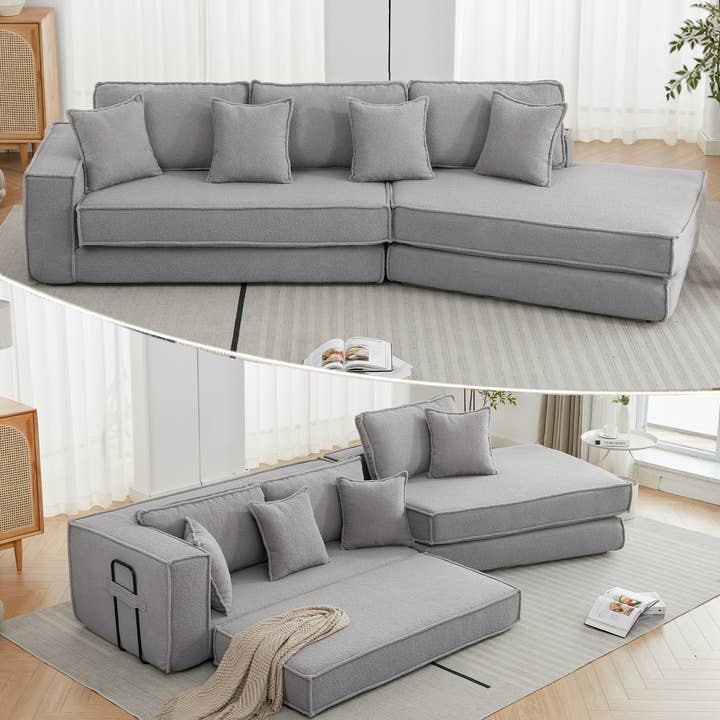 Gray Convertible 3-Seat Sleeper Sofa Bed with Lamb Velvet Fabric for wholesale on Faire