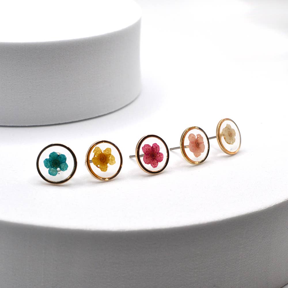 StarryNYC - Venta al por mayor Pendientes de botón/aretes de poste - Pendientes de tuerca redondos de epoxi prensado con flores auténticas7