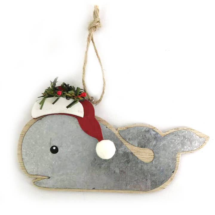 Santa Whale Wood with Metal 5.75" Christmas Ornament for wholesale by CB Home Collection