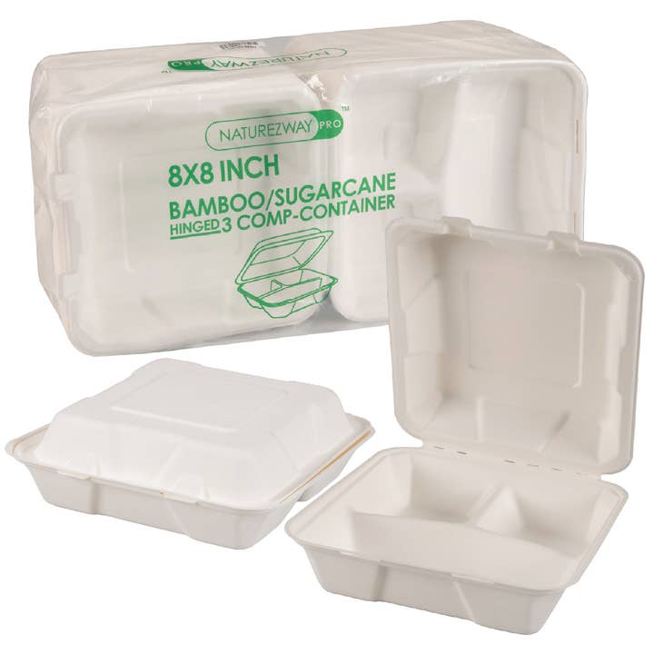 8” x 8” Bamboo To-Go Containers | 3 Comp | 200 Pack for wholesale by NatureZway