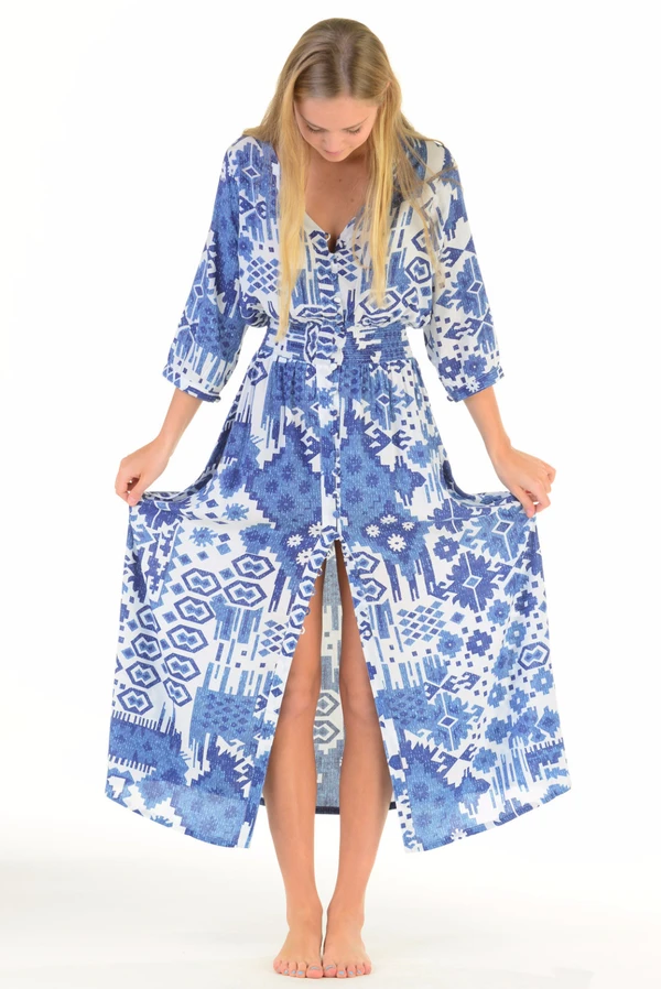 Walker&Wade - Wholesale Dress - Women's - Kelsey Dress Long - Indigo Ikat1
