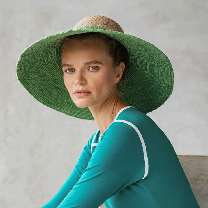 RIRI DUO Jute Straw Hat, in Natural X Kelly Green for wholesale by Brunna Co