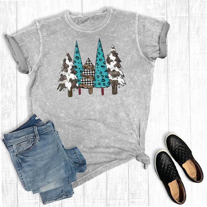 Western Cowhide Christmas Trees Mineral Wash Graphic Tee for wholesale by The Way Down South
