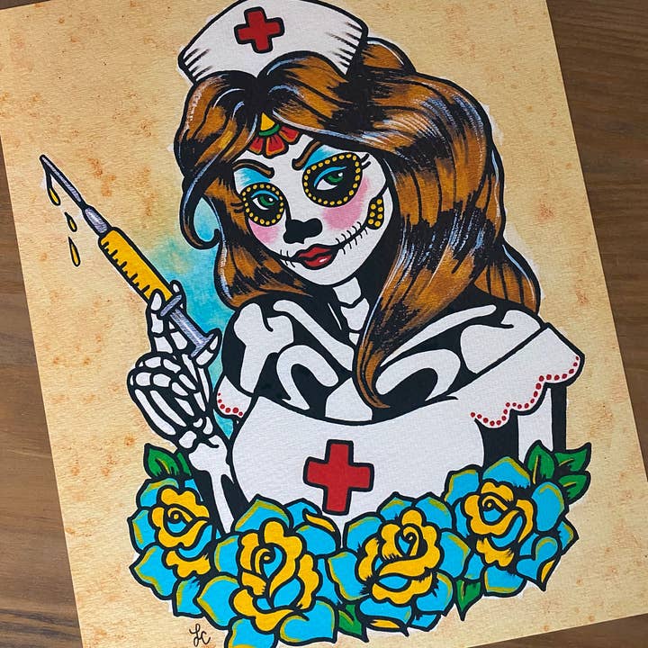 Day of the Dead Nurse Traditional Tattoo Art Print for wholesale by Illustrated Ink
