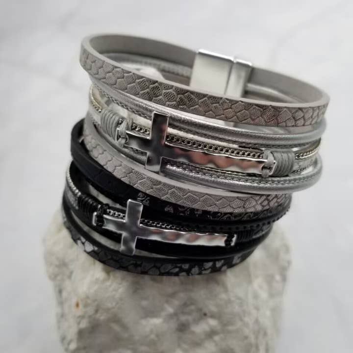 The Pretty Jewellery - Wholesale Bangle Bracelet - Cross Layered Leather Magnetic Bracelet