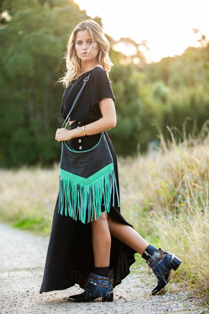 Native hearts - Wholesale Crossbody bag – Women's - Western Leather Bags with Tassels - Green and Black1