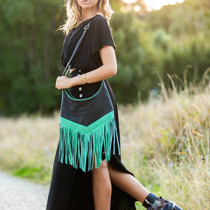 Native hearts - Wholesale Crossbody Bag - Women's - Western Leather Bags with Tassels - Green and Black1