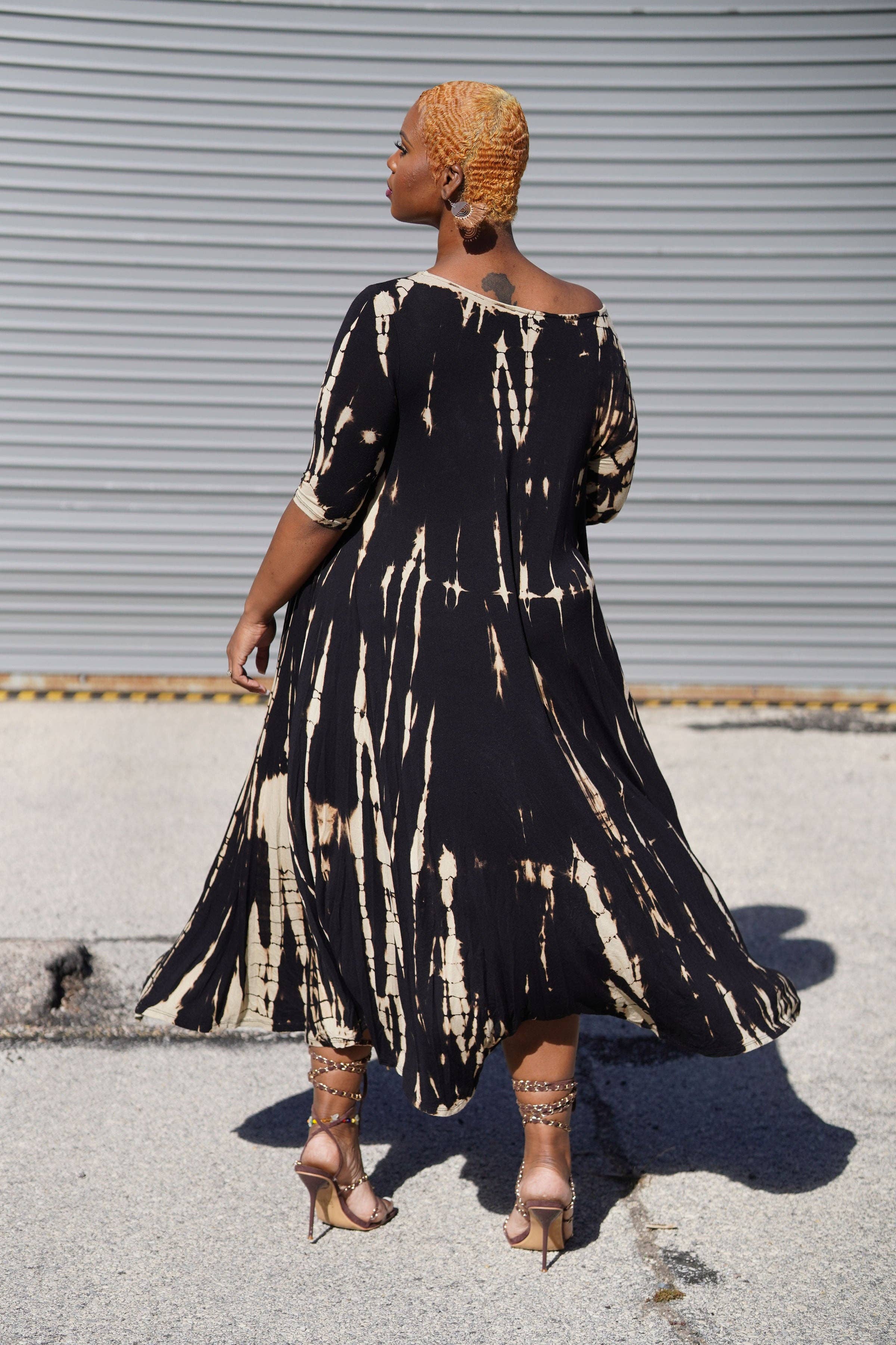 Nina Cheyenne Apparel - Wholesale Dress - Women's - Dark Brown Tie Dye Asymmetrical Maxi Dress1