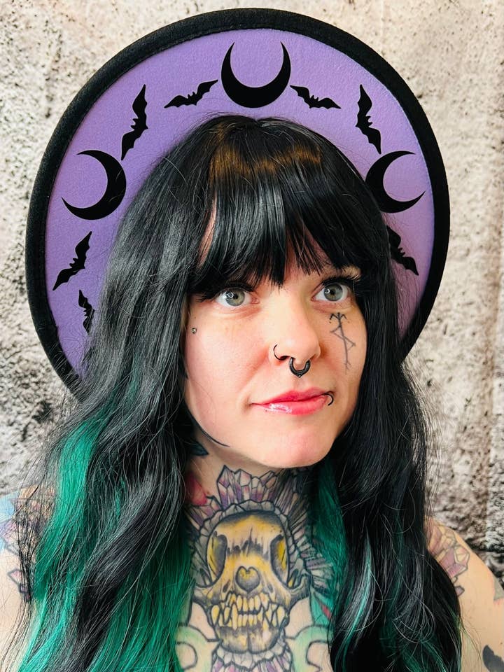 Vegan Felt Wide Brim Hat - "Lavender Bat Moon" for wholesale by Witchwood Bags