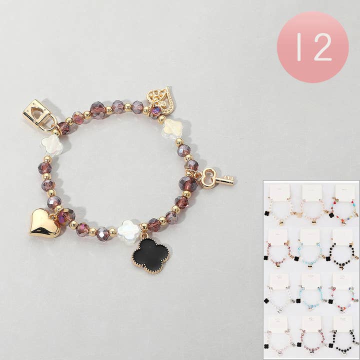 Sensibling Corp. - Wholesale Charm/Dangle Bracelet - Quatrefoil Heart Lock Key Charm Faceted Beaded Bracelets