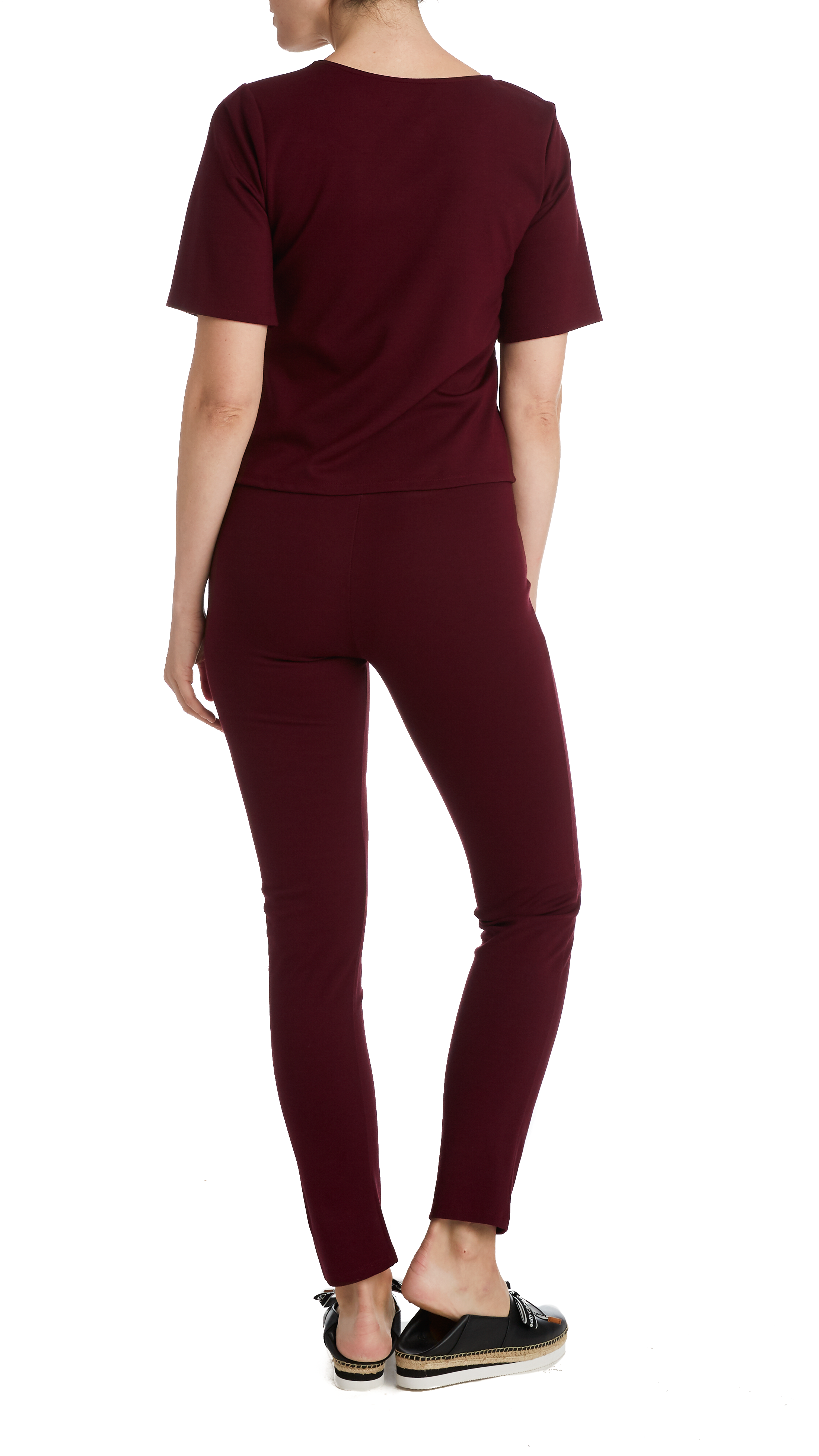 Ripley Rader - Wholesale Knit Top - Women's - Burgundy Ponte Knit Short Sleeve Extended Tee4
