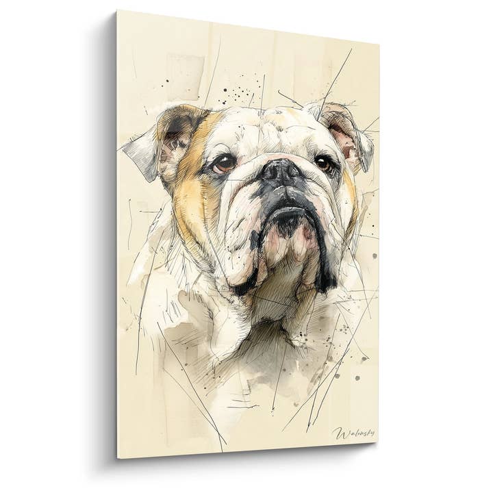 Tableau Portrait Bouledogue à l'Aquarelle et Crayonnés - Regard Tendre - Edition Bouledogue Anglais pour la vente par Walensky