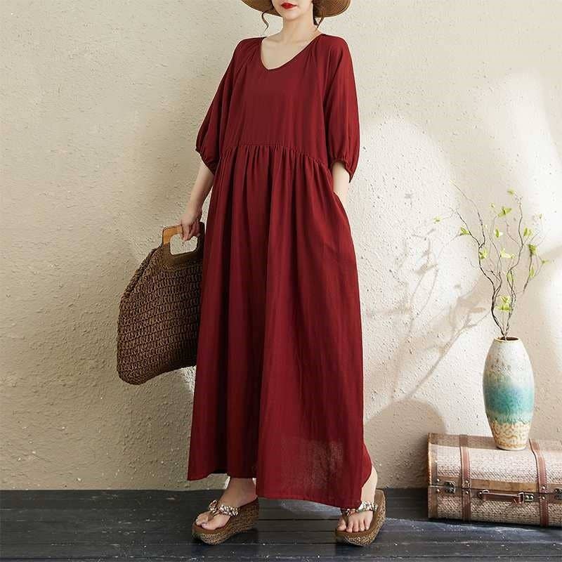 kycozy - Wholesale Dress - Women's - Double Gauze Round Neck Lantern Sleeve Loose Dress2