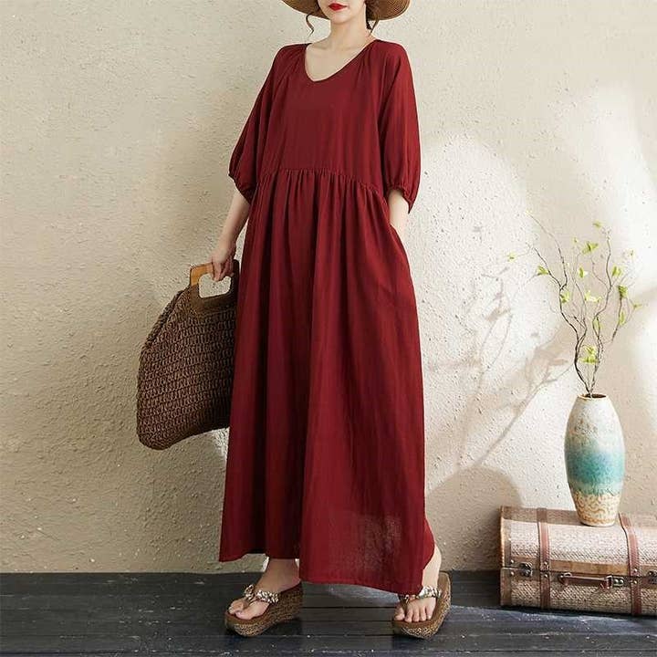 kycozy - Wholesale Dress - Women's - Double Gauze Round Neck Lantern Sleeve Loose Dress2