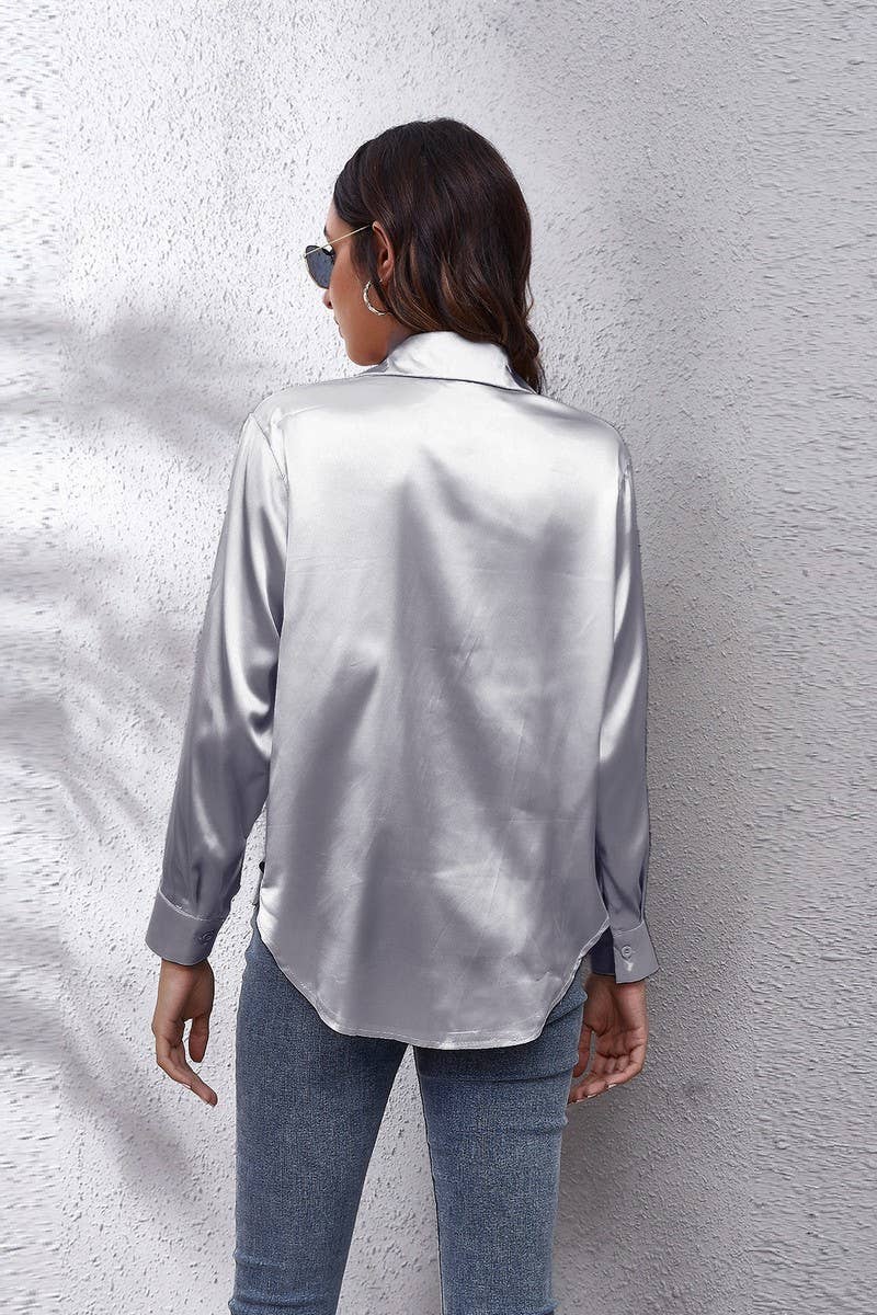 NINEXIS - Wholesale Button Down Shirt - Women's - CWTBLL0691_Button Down Silky Satin Long Sleeve Top53