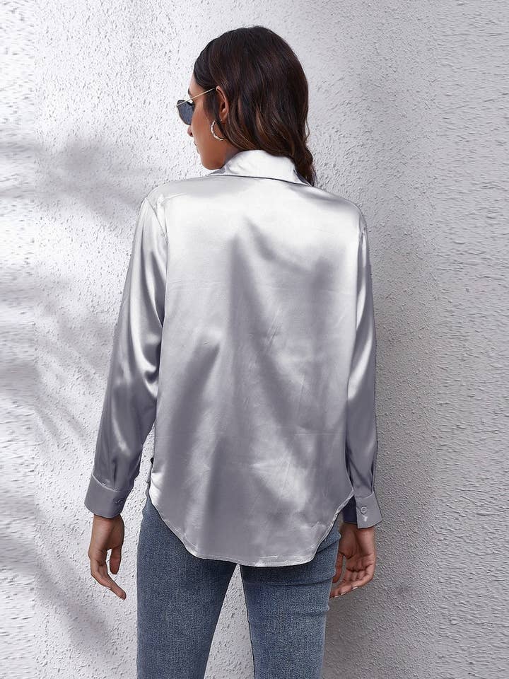 NINEXIS - Wholesale Button Down Shirt - Women's - CWTBLL0691_Button Down Silky Satin Long Sleeve Top53