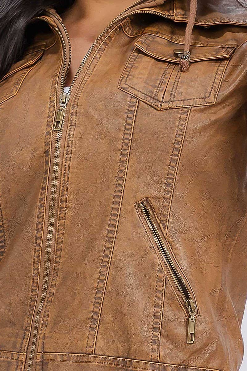 ROUSSEAU - Venta al por mayor Chaqueta de cuero - Mujer - CHAQUETA CON CREMALLERA, BOLSILLOS, CAPUCHA DESMONTABLE Y POLIPIEL PU9